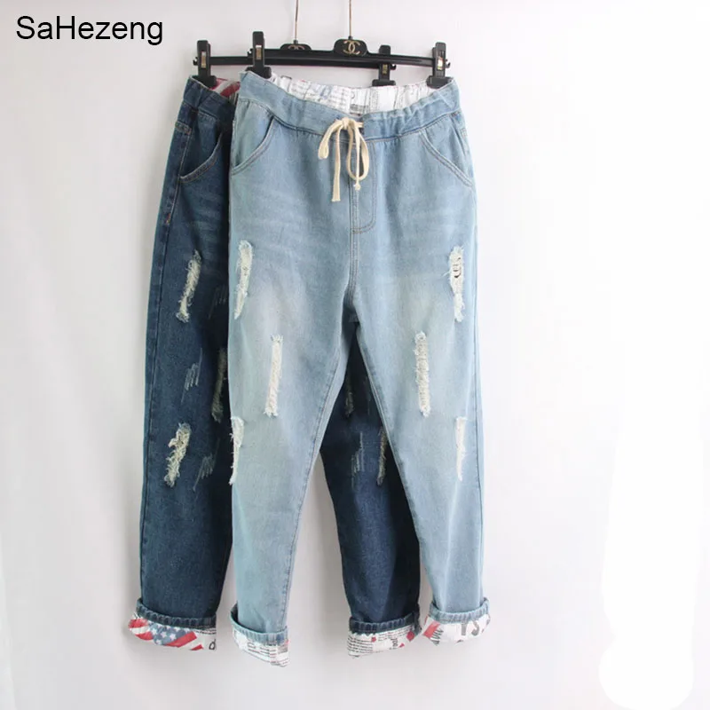 

Женские джинсы с эластичным поясом на шнуровке размера плюс, винтажные рваные джинсовые брюки-султанки XL-5XL, повседневные свободные женские...