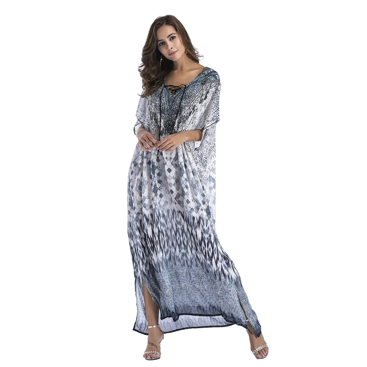 Feiterawn Summer V Neck Rhinestone Boho Print Loose Dress Women Chiffon Long Maxi Dresses Plus Size Leopard Beach | Женская одежда