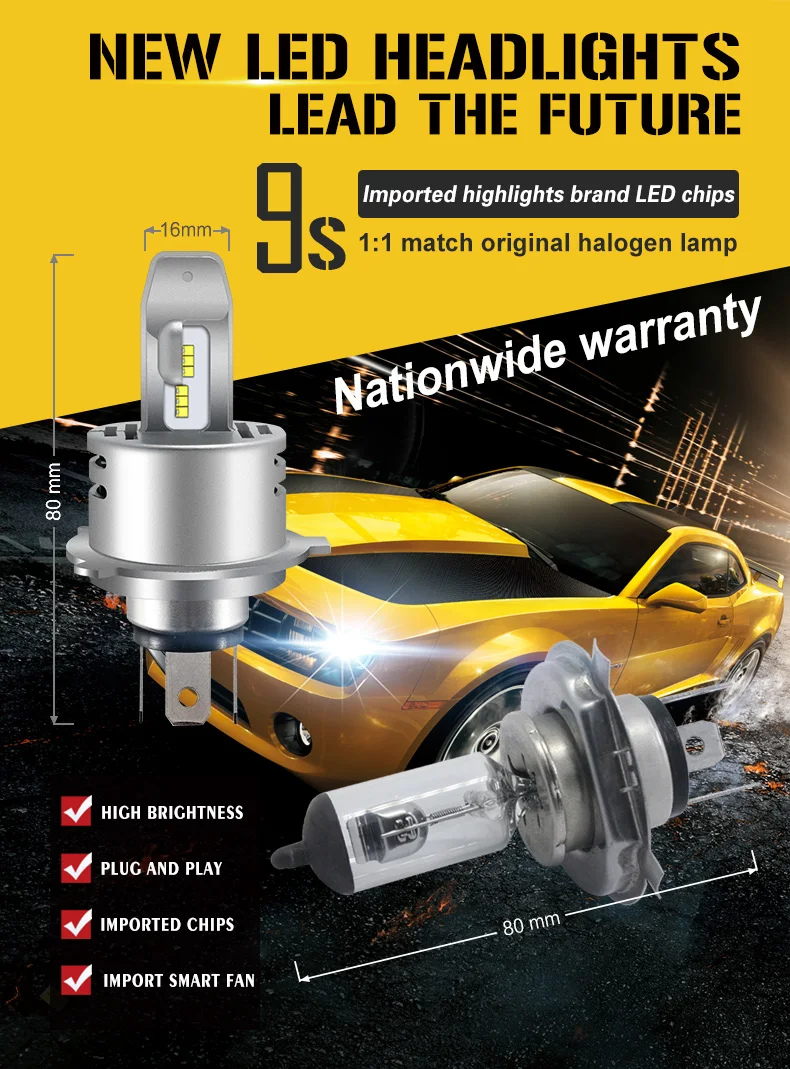 Pair Error Free P43t H4 led 55W 80W 9S Integrated Headlight Car Hi/Lo Beam Auto Motor Bulbs 6000K White Universal Canbus | Автомобили и