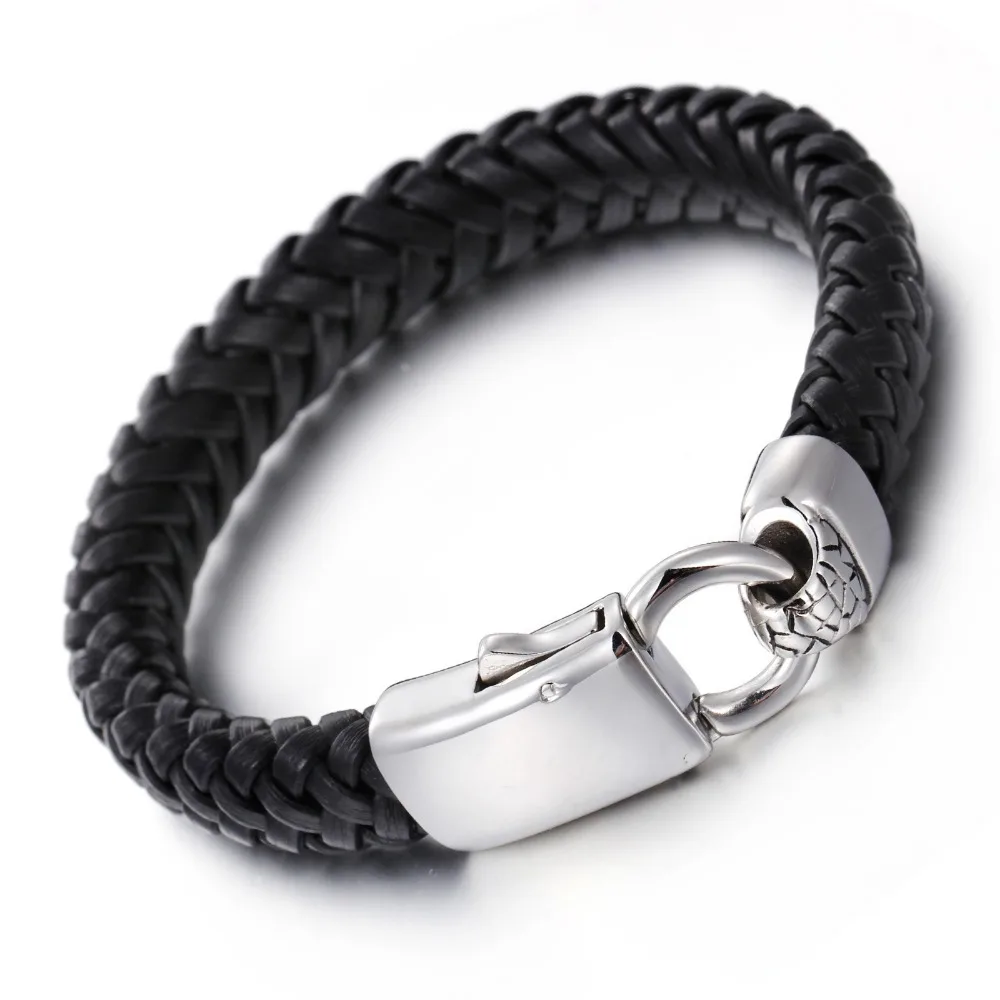 

Мужской плетеный браслет из нержавеющей стали, черный кожаный браслет с застежкой серебристого цвета шириной 11,8 мм, 9 дюймов, подарок на Рож...