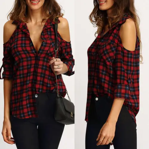 Хит 2017 Женская клетчатая красная блузка топы с открытыми плечами рубашка длинным