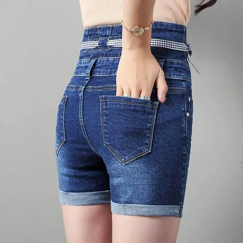 Лето 2019 синие тонкие короткие шорты с высокой талией джинсы Feminino сексуальные