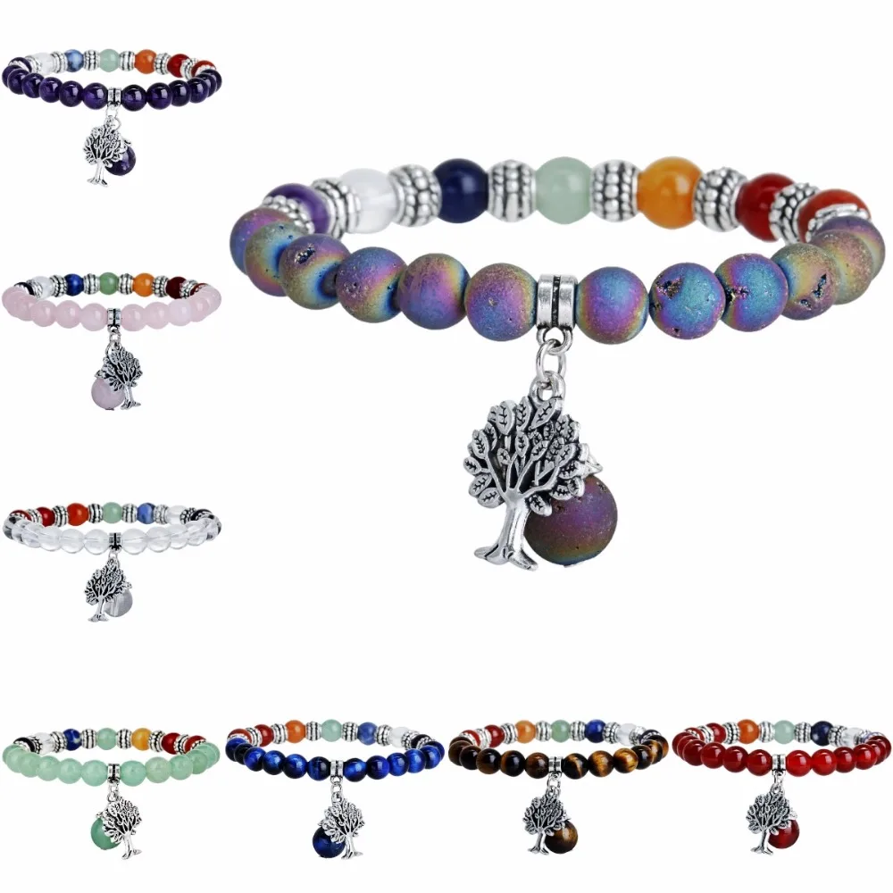 

SUNYIK Semi Precious Stone Bracelet with Tree of Life Charms,7 Chakra Beads Crystal Healing Reiki Balancing Yoga Jewelry 8mm 7"