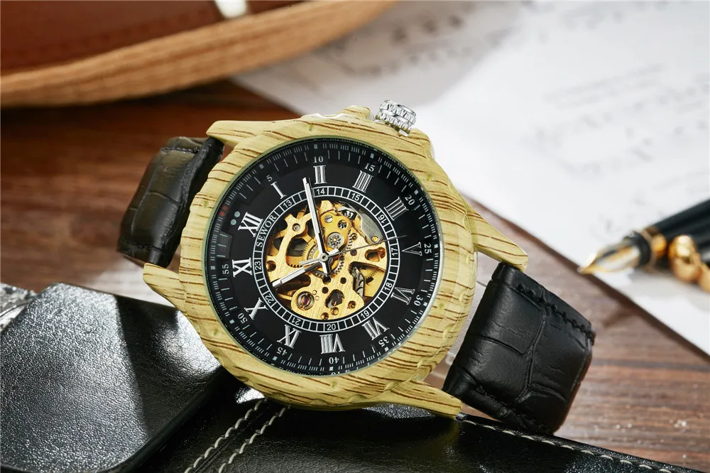Мужские часы SEWOR автоматические механические в стиле милитари с кожаным скелетом