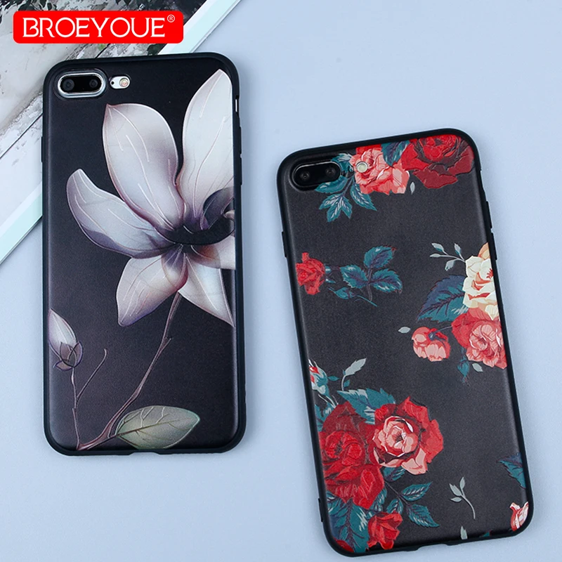 NROEYOUE For iPhone 7 8 Plus Case Black Luxury Cover 3D Relief Colorful Retro Floral X 5 5S 6 6S SE Matte Cases | Мобильные телефоны