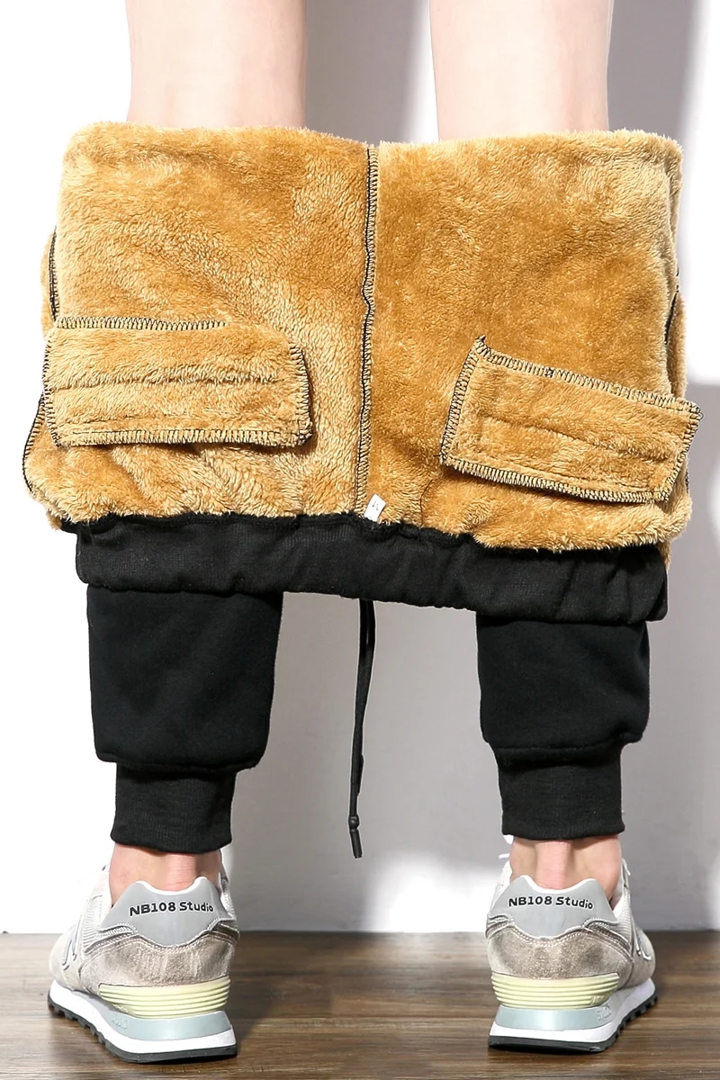 

Winter Fleece Drawstring Trousers Warm Men Pants Outside Fleece Joggers Thicken Sweatpants Male Solid Streetwear Pants M-5XL