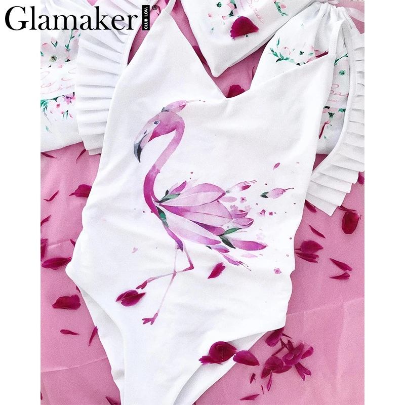 Glamaker, с принтом фламинго, цельный костюм, с оборками, боди для женщин, пуш-ап, стринги, короткий комбинезон, женский сексуальный пляжный комбинезон, Новинка - Цвет: Белый