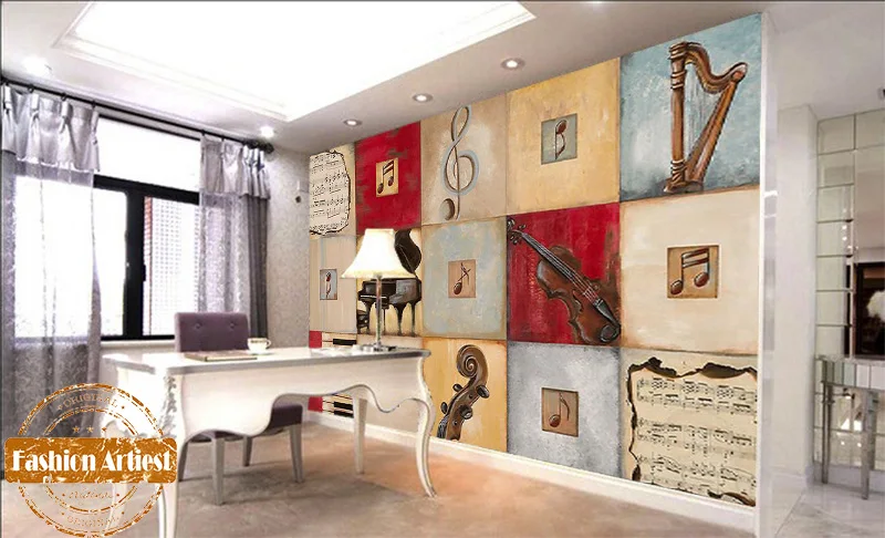 Настенные обои на заказ с изображением музыкальных нот и персонажей деревянная