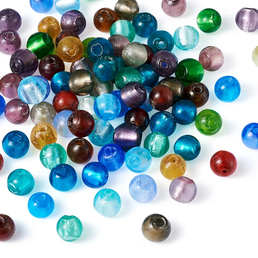 200pcs/lot 8mm 10mm 12mm Round Handmade Foil Glass Lampwork Spacer Beads Multi Color Hole: 2mm for DIY Jewelry Making|glass beads|mixed colorbeads
