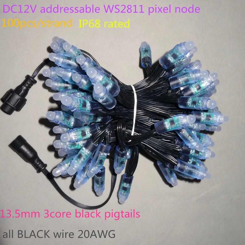 

100pcs/set DC12V addressable 12mm WS2811 led smart pixel node,RGB full color;all BLACK 20AWG)wire,IP68;with 13.5mm pigtail