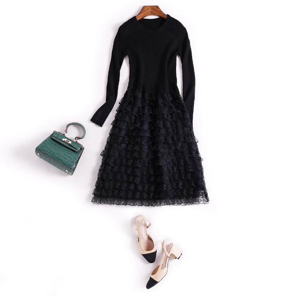 autumn spring woman dress knitted top cascading ruffled lace bottom black rabbit hair blends fashion sweet layered | Женская одежда