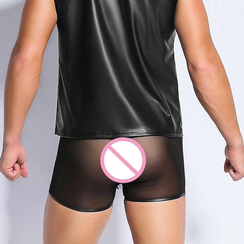 

Plus Size Hot Lingerie Sexy Latex Men PU Faux Leather Underwear Boxers Shorts Zipper Erotic Open Crotch PVC Male Gay Underwear