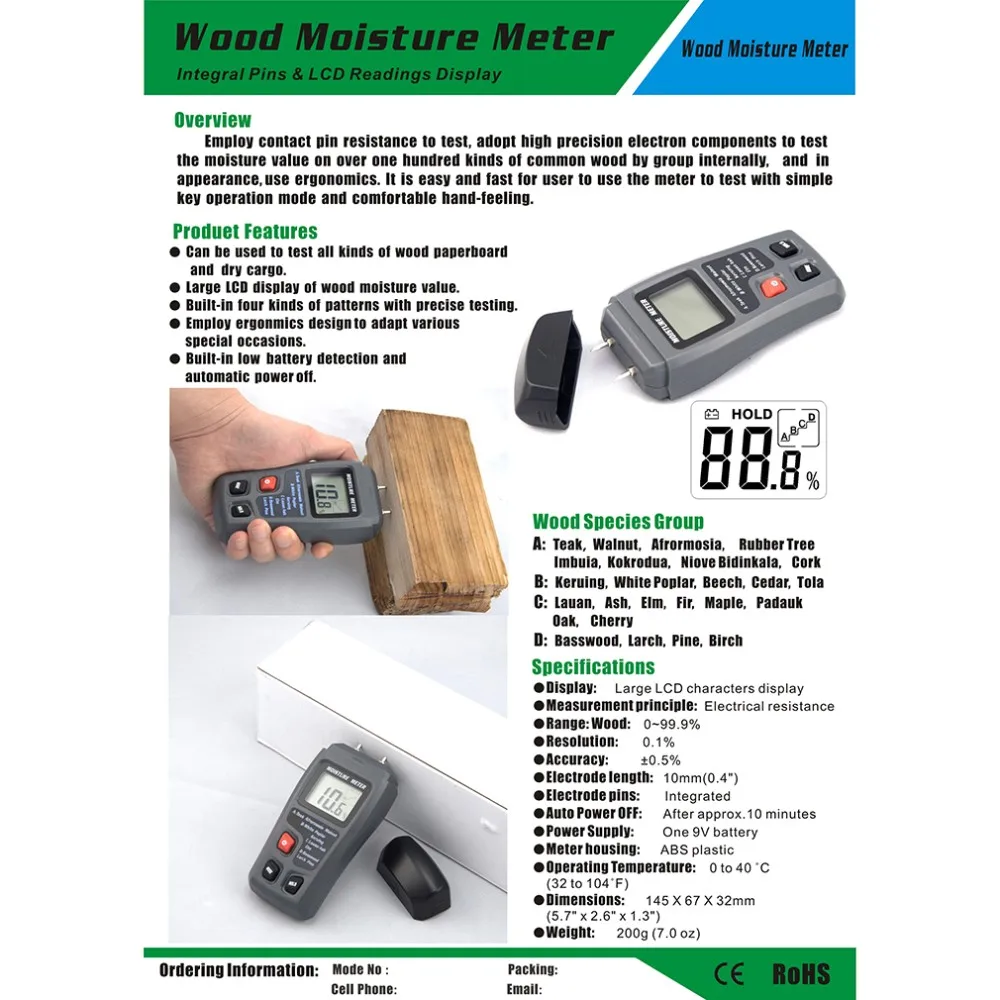 LCD 0-99.9% 2Pins Wood Industry Digital Moisture Meter Humidity Tester Timber Damp Detector Conductivity Moisture Hygrometer