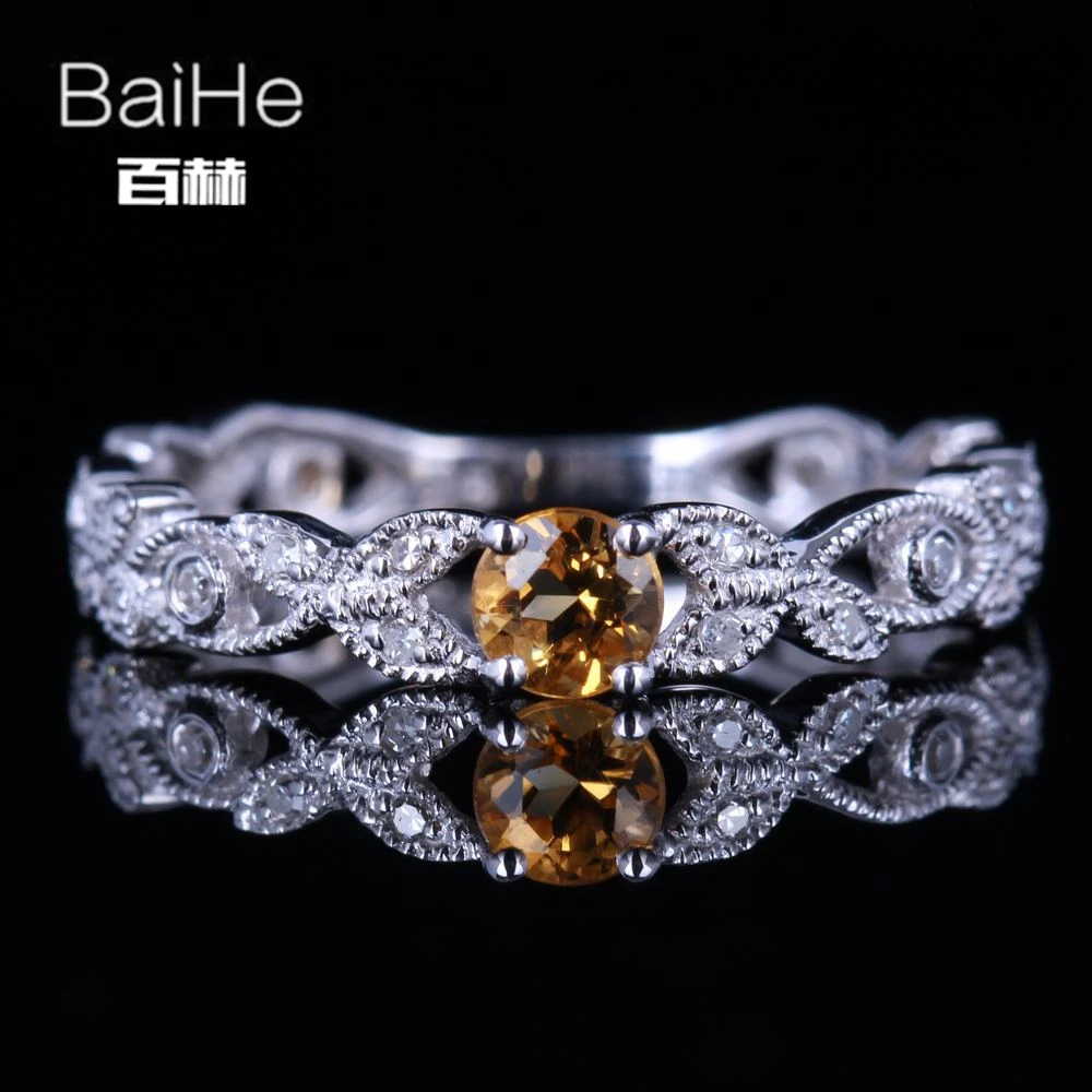 

BAIHE Sterling Silver 925 0.22CT Round Flawless Genuine Citrine Engagement Gift Wedding Women Trendy Fine Jewelry Citrine Ring