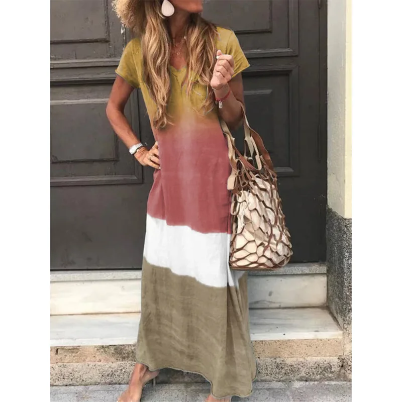 Четыре цвета лоскутное Свободное длинное платье 2019 летнее повседневное с v