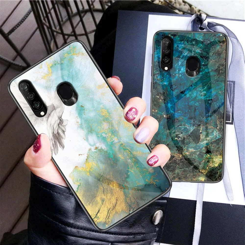 Marble Glass Case For Huawei P smart 8x mate 20 p20 lite p30 pro Luxury Honor 10 Lite 8X 8C Y9 2019 Cover Coque Funda |
