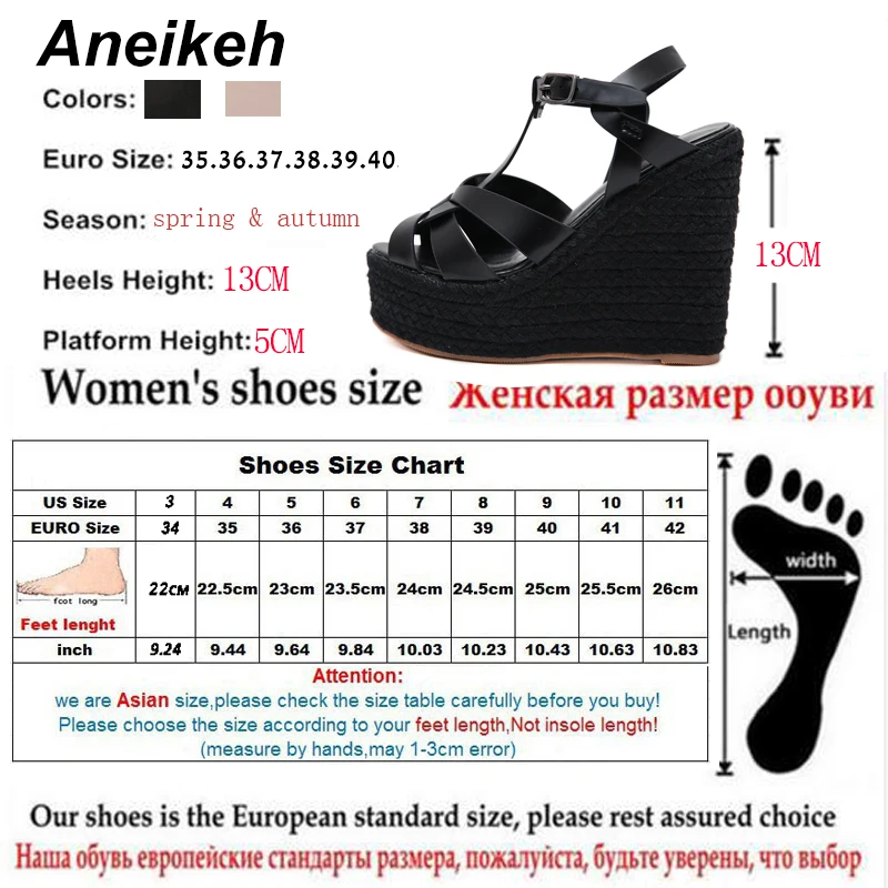 Aneikeh/ г., новые летние женские сандалии повседневные Модные босоножки на танкетке с открытым носком и перекрестным ремешком, супер высокий и толстый низ, черный цвет