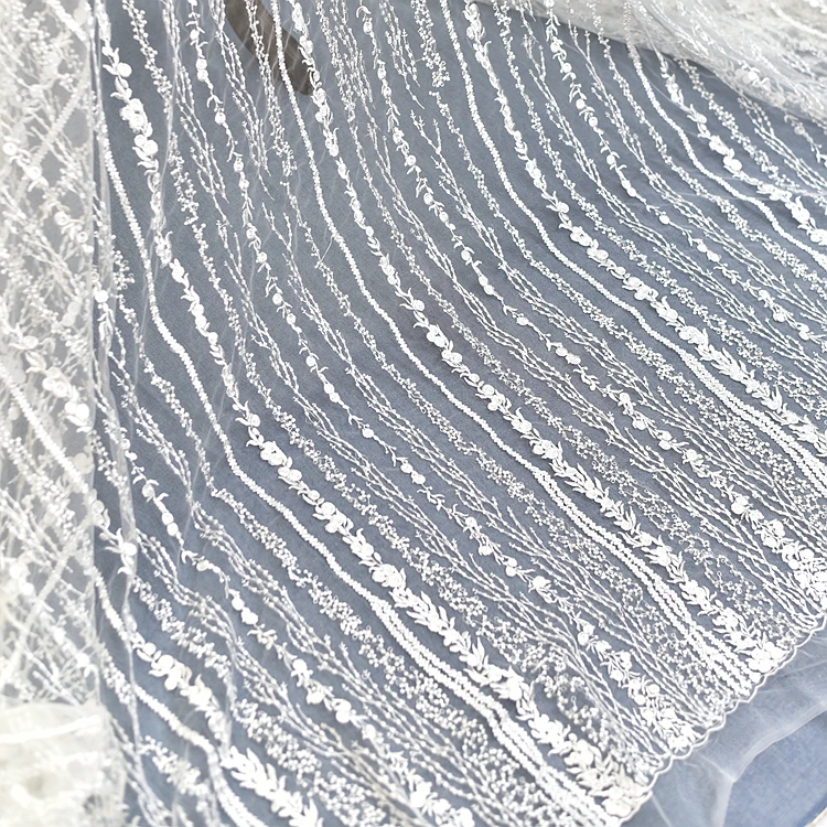 Вертикальная вышивка блестками 3D Высококачественная кружевная ткань белая