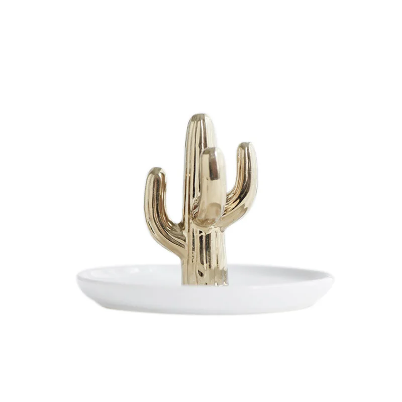 white golden cactus Small Flamingo Unicorn Pineapple Decorative Dish Plate Porcelain Jewelry Dish Necklace Ring Tray Storage Trinket Vanity Dish - Цвет: white golden cactus