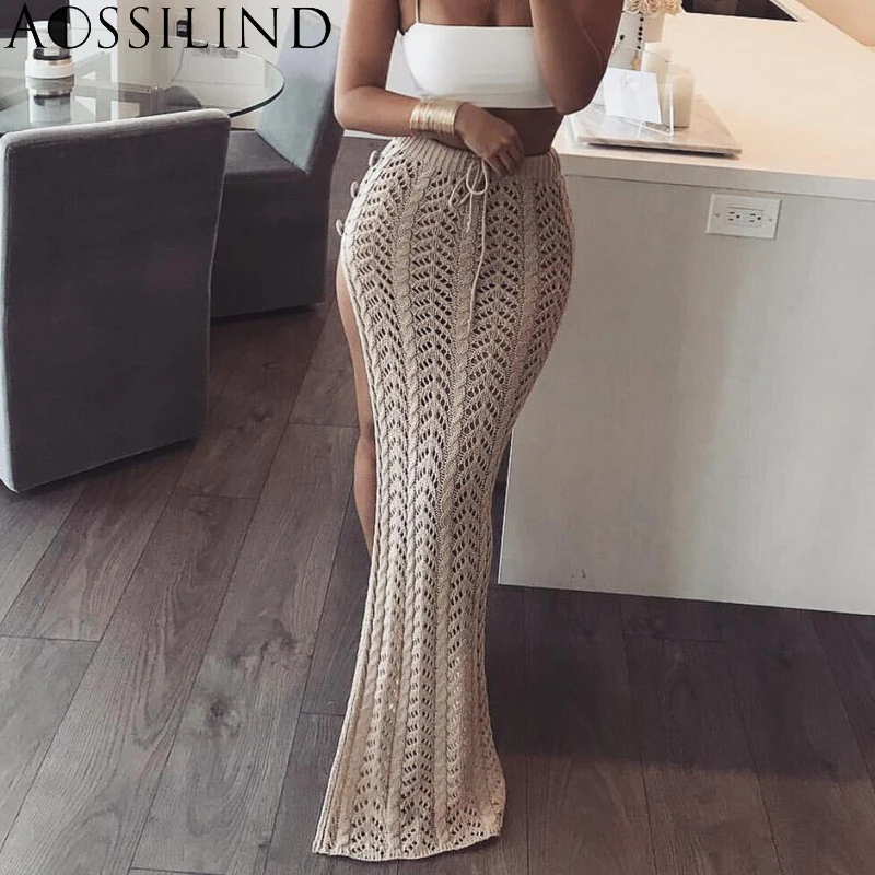 AOSSILIND Сексуальная вязаная длинная юбка с высоким разрезом женская сексуальная