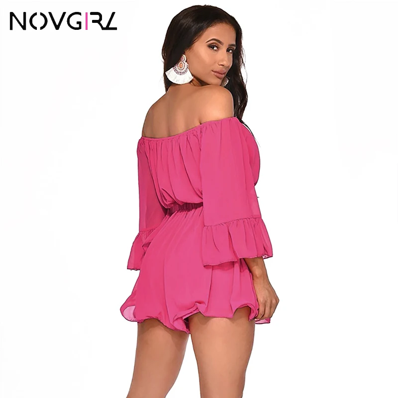 Novgirl Sexy Off Shoulder Chiffion Playsuit Rompers Women 2019 Summer Flare Sleeve Slim Waist Wide Leg Jumpsuit Yellow Overalls | Женская