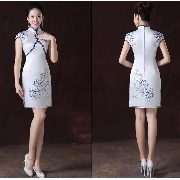 Белый женский цветок Qipao восточный женский улучшенный Cheongsam китайский невесты печатных атласное свадебное платье vestidos XS-XXL - Цвет: White1