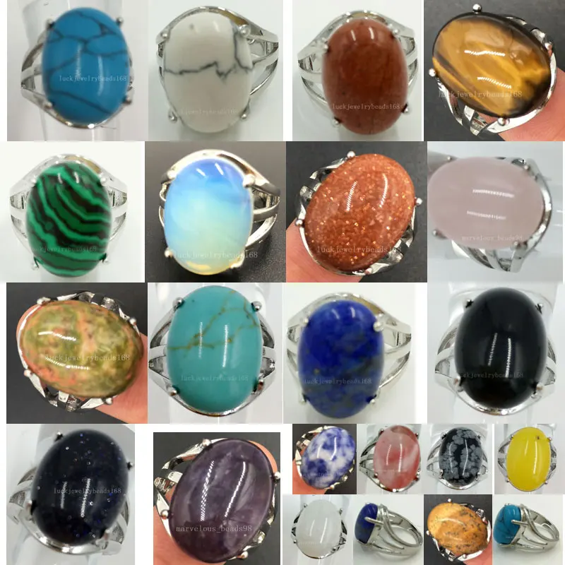 

Malachite Opal Tigers Eye Blue Sand Lapis Lazuli Crystal Howlite Carnelian Women Men Art Oval Ring 7~12" Adjust Size PWB563