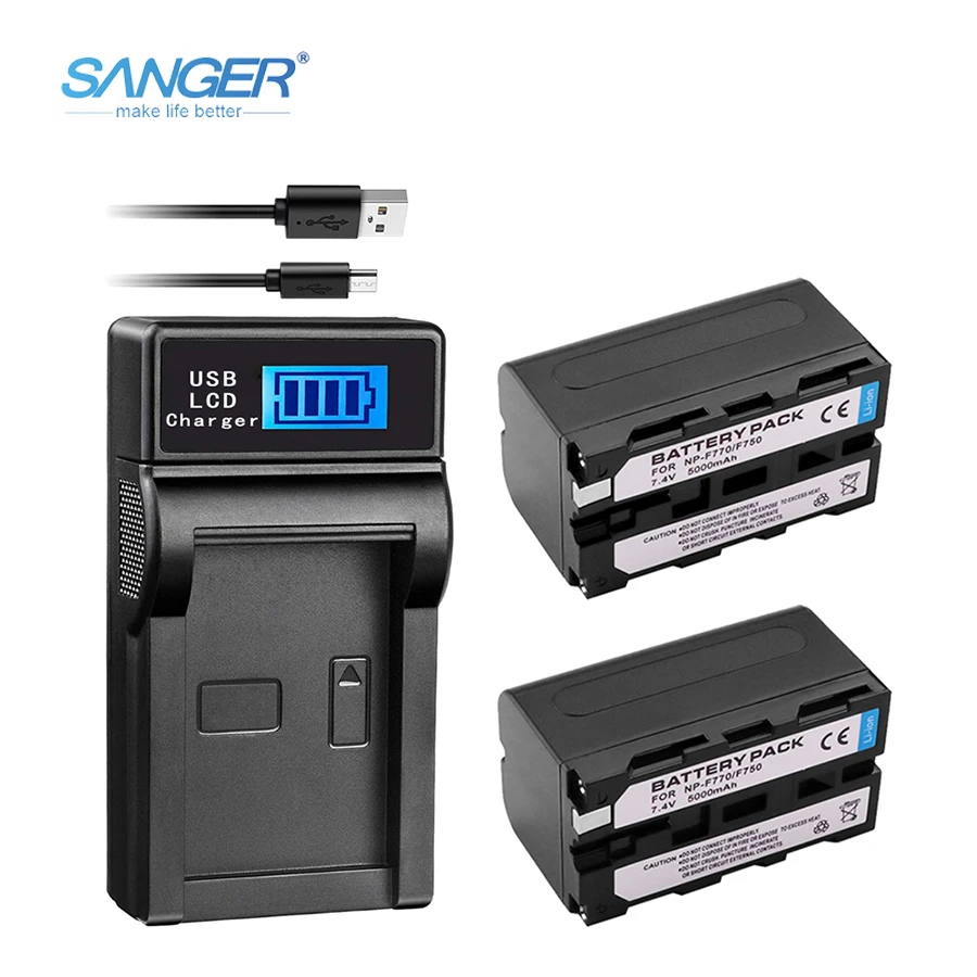 SANGER 2 шт. 7 в Φ NP F770 F750 NPF770 750 аккумуляторы + зарядное устройство USB с ЖК дисплеем для