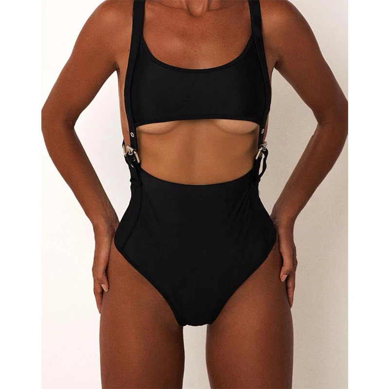 Bikinx, сексуальный цельный купальник с заклепками, черный купальник с поясом,, с выемкой, пуш-ап, бикини, с высокой посадкой, купальник для женщин