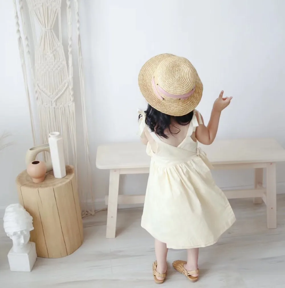 kids dresses Romantic summer dress solid color bow tie strap lovely baby girls clothes Cotton&amplinen comfortable fabric | Детская