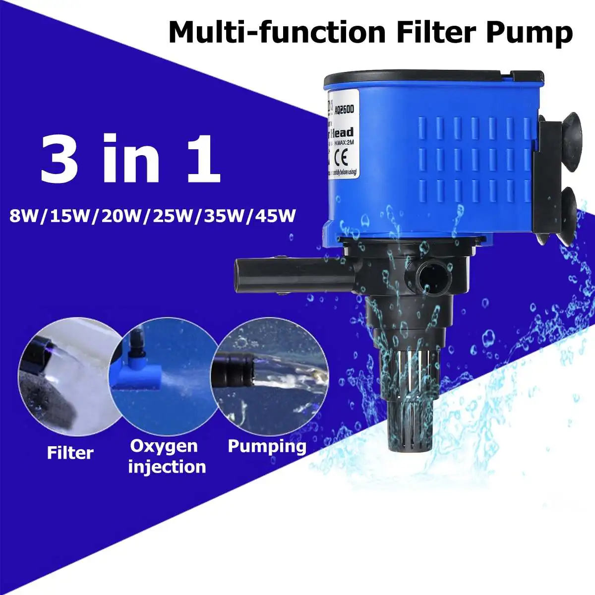 3-in-1 Internal Aquarium Filter Pump Water Circulating Water Spray Flow Fish Tank Submersible Purifier Filter Pump 8/15/20/25/35
