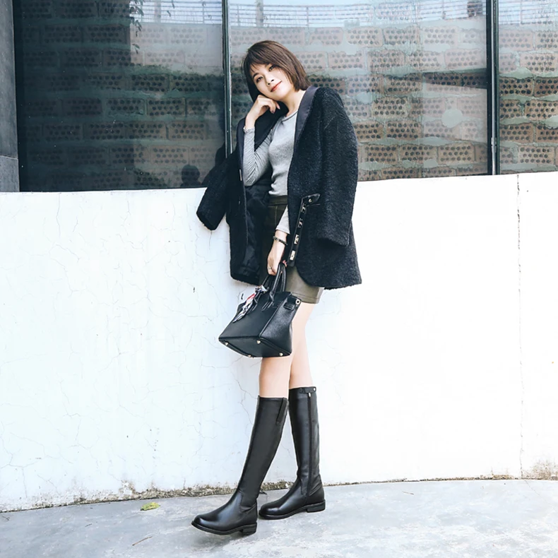 Winter Plush Boots For Women Genuine Leather Fashion Knee High Booties Lady Round Toe Rivet Female Heel Shoes Plus Size 42