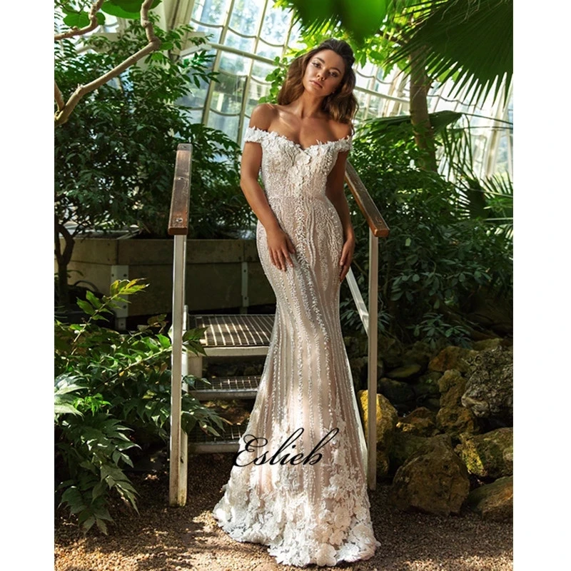 

Luxurious lace appliques wedding dresses 3d flowers bridal gown off the shoulder bridal dress detachable tulle tail HA034
