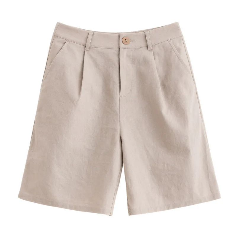 Khaki INMAN, лето, Новое поступление, однотонные, льняные, хлопковые, средняя талия, минимализм, универсальные, литературные, повседневные, женские короткие штаны - Цвет: Khaki