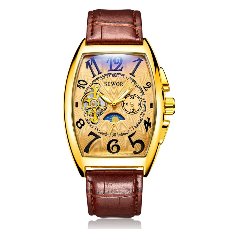 brown gold gold Relogio Masculino SEWOR мужские часы, автоматические механические турбийон, спортивные мужские часы, Топ бренд, роскошные золотые классические мужские наручные часы - Цвет: brown gold gold