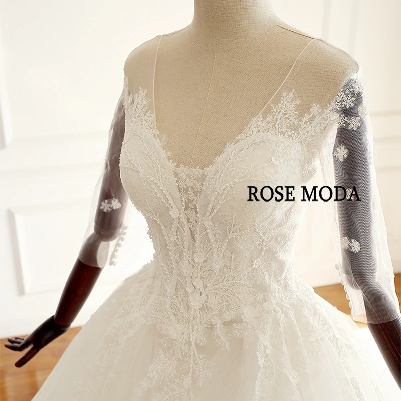

Rose Moda Gorgeous V Neck Lace Wedding Dress with Flowers Long Sleeves Wedding Ball Gown for Muslim Real Photos