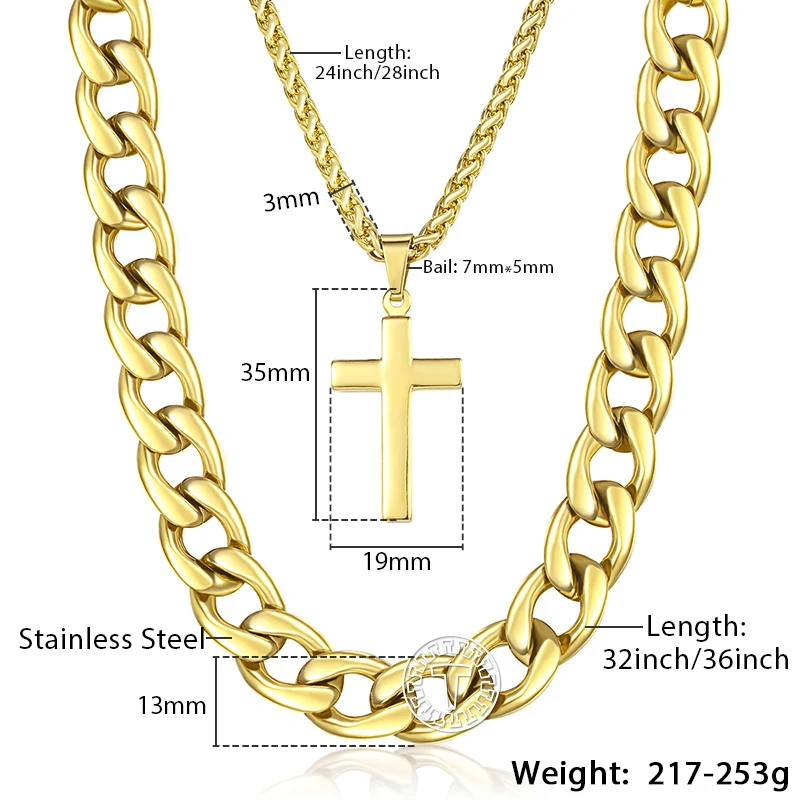Davieslee Necklace For Men Gold Stainless Steel Cuban Wheat Link Chain Cross Pendant Hip Hop Jewelry 13mm 24inch DDN08 | Украшения и