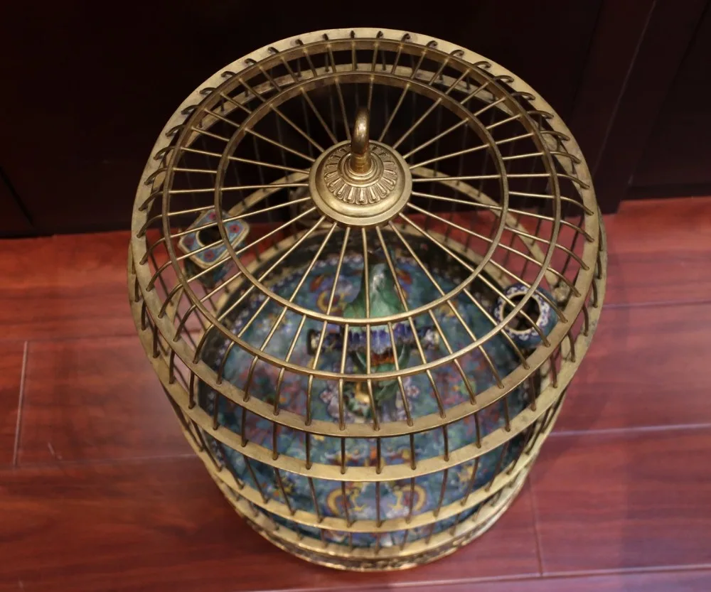 24&quot China Pure Bronze Cloisonne 24K Gold Scarlet Macaw Flower Bird Cage Birdcage | Дом и сад