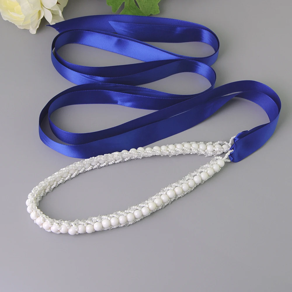 

Pearl Satin Wedding Belts 275cm*2cm Hand Made Bridal Dress Accessory Belly Chains for Bride Bridesmaid Party Jewelry Sash Belts