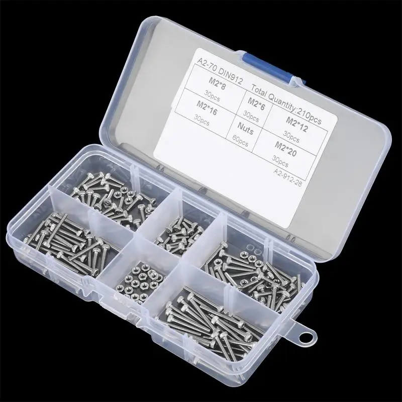 210Pcs M2 Nuts And Set 304 Stainless Steel Cup Head Hex Socket Screws Assortment Kit with Box |