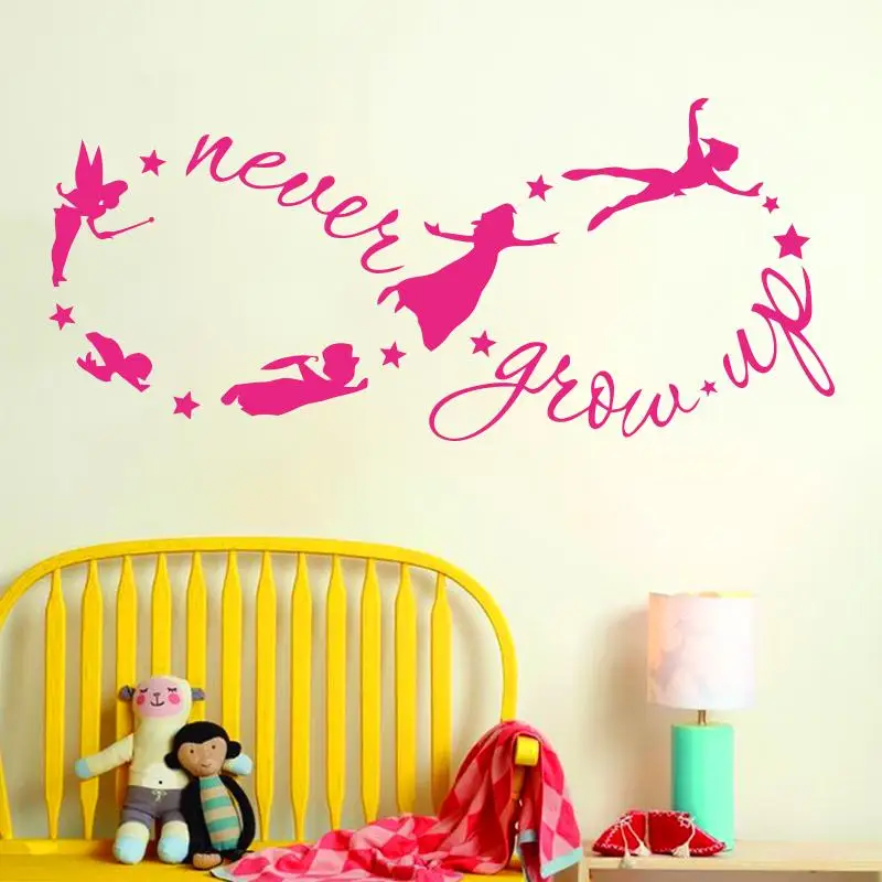 

Art design cheap vinyl home decoration never grow up infinity wall sticker house decor cartoon peter pan name decals for kids