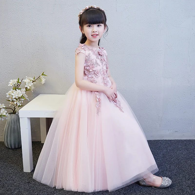 Fancy Short Sleeve Pink Flower Girls Formal Wedding Dresses Kids Bead Appliques Party Princess Birthday Prom Holy Holiday Dress | Детская
