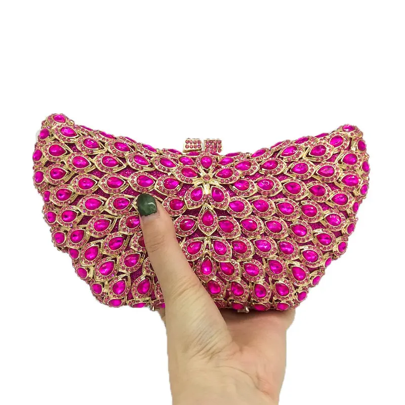 Boutique De FGG Фуксия Бабочка Кристалл женские вечерние сумки клатчи со стразами