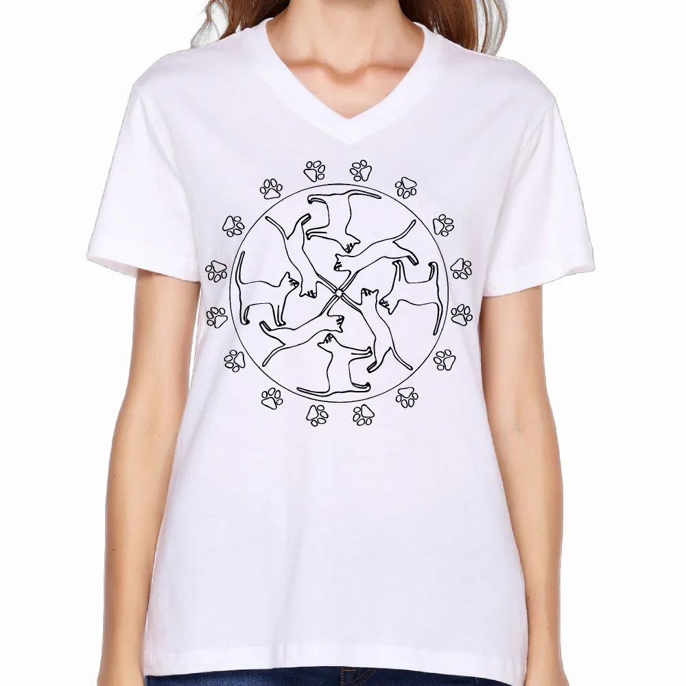 2017 Мандала с принтом кота Для женщин v-образным вырезом футболки Модные Стиль