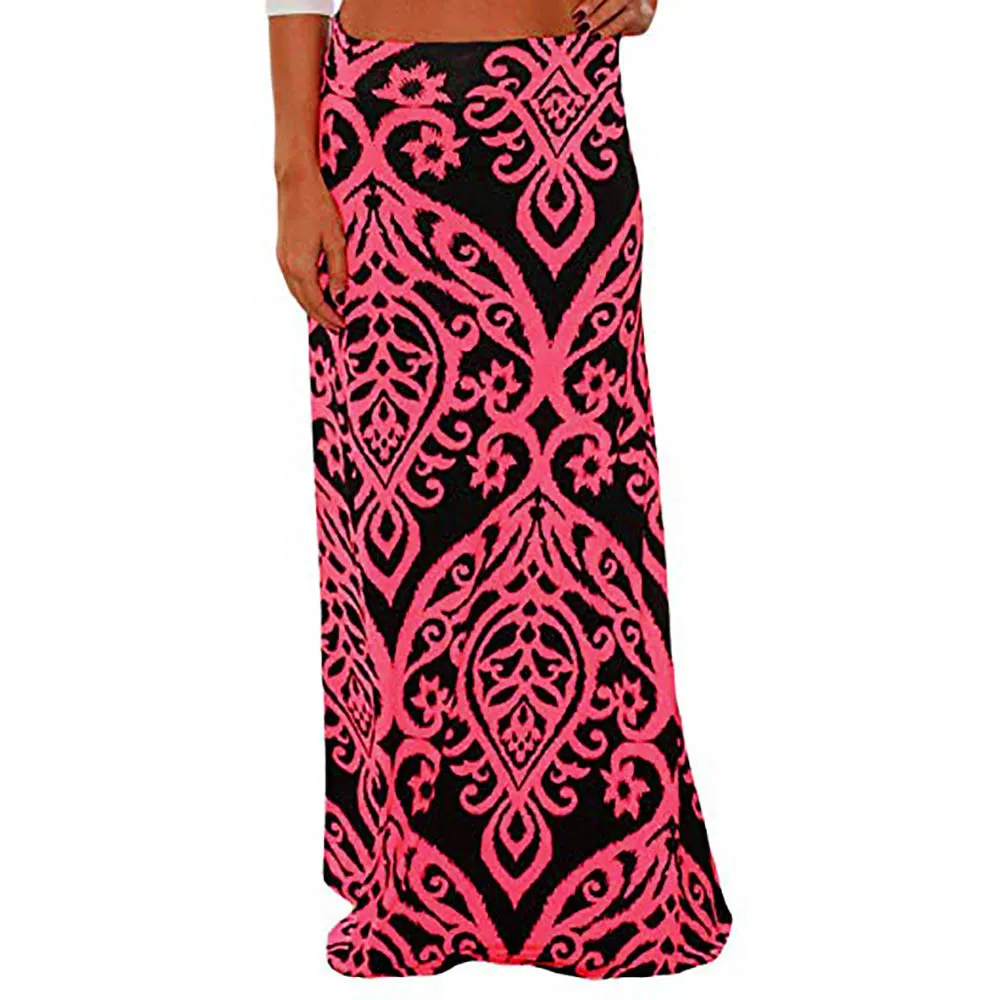 Ladies Printed Empire Floor-Length Skirt Fashion Womens Vintage Casual Coral Print High Waist Skater Skirt Long Maxi Skirt#C