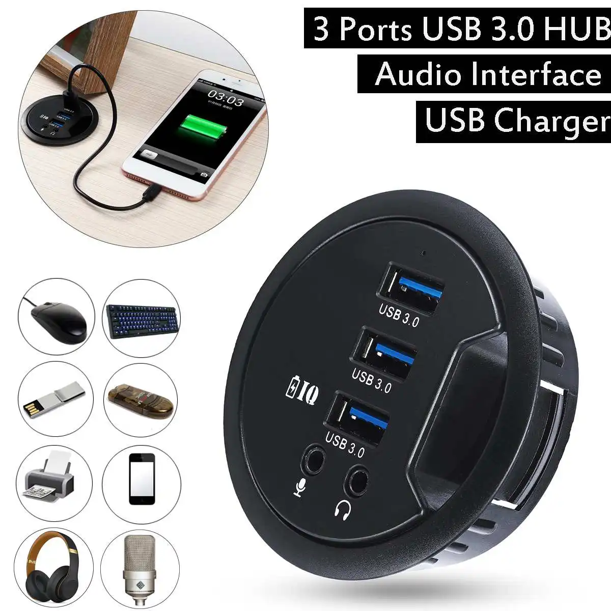 Крепление на стол 3-Порты USB 3,0 HUB адаптер для Macbook внешний стерео звук адаптер кабель комбо круглый usb-хаб со штепсельной вилкой европейского стандарта