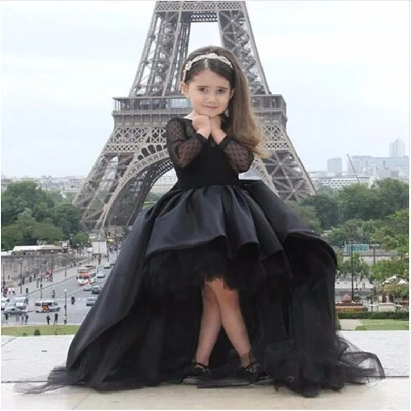 Black Long Sleeve Flower Girl Dresses Bow Knot Illusion O Neck First Communion Dresses for Girls Pageant Birthday Gowns