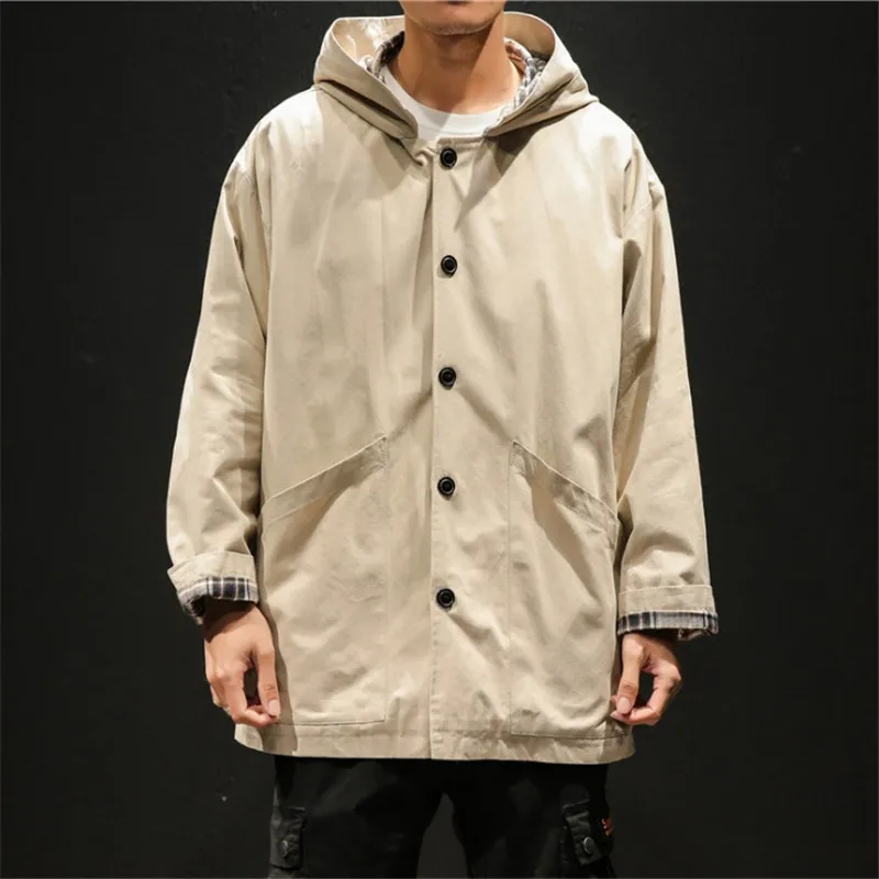Male Fashion Casual Loose Lining Plaid Hooded Windbreaker Men Size M-5XL Spring Korean Style Solid Color Jackets Trench | Мужская одежда