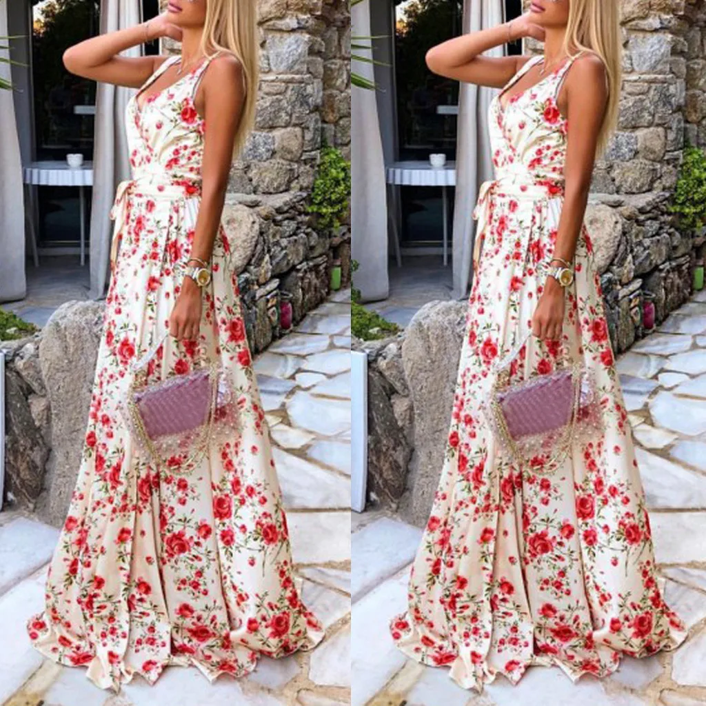 Платье Для женщин летние Большие размеры платье Для женщин Летнее Boho ремешками Сексуальный Бандаж с v-образным вырезом длинное вечерние Пляжные наряды Z4