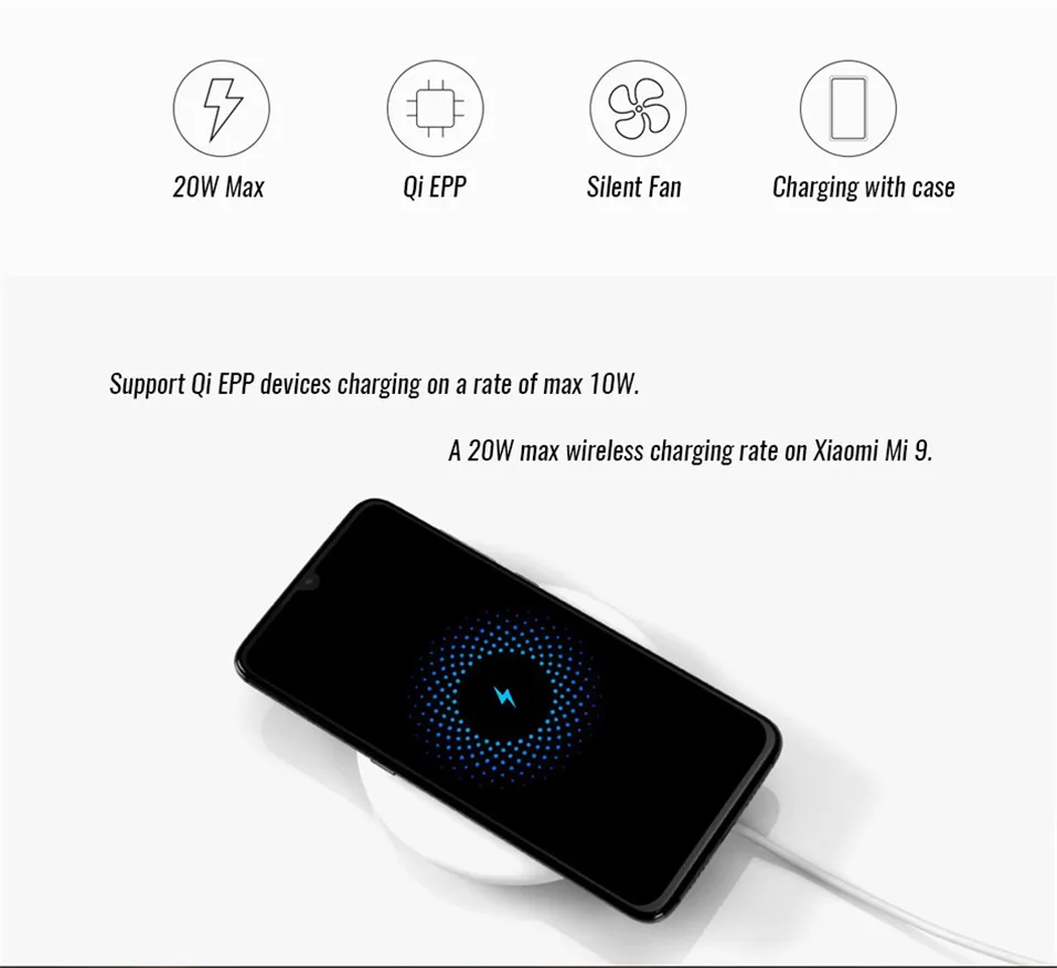 Оригинальное Xiaomi mi Беспроводное зарядное устройство 20 Вт макс для mi 9(20 Вт) mi X 2 S/3(10 Вт) Qi EPP совместимый мобильный телефон(5 Вт) несколько безопасный